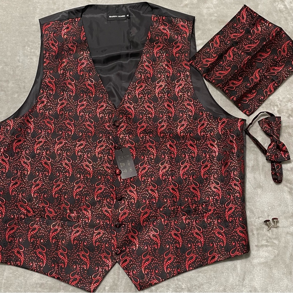 NWT Barry Wang Red Black Paisley Vest Set 3XL with Cummerbund Bowtie Cufflinks